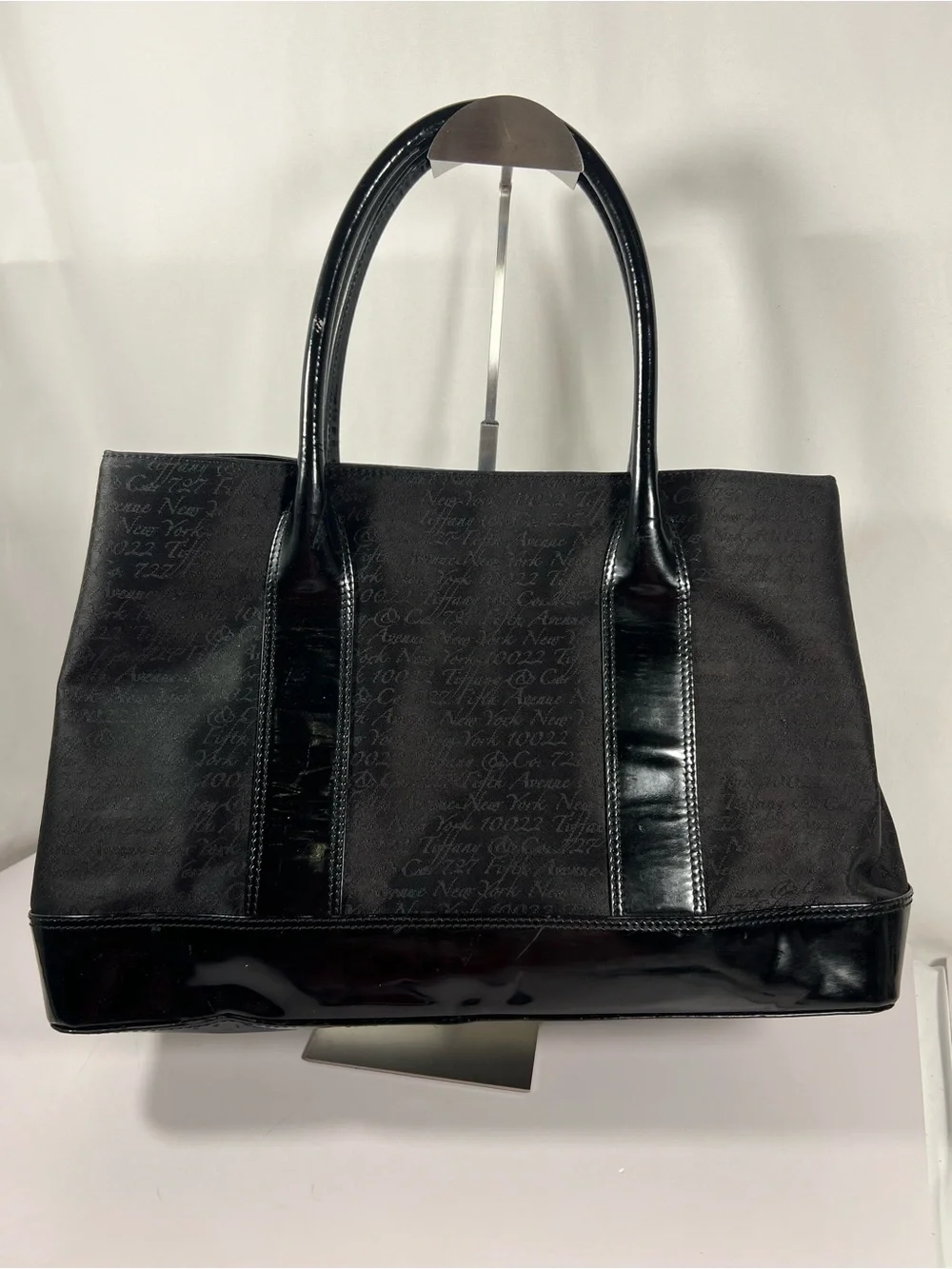 3105: Tiffany & Co. Black Jacquard Patent Leather Tote Shoulder Bag